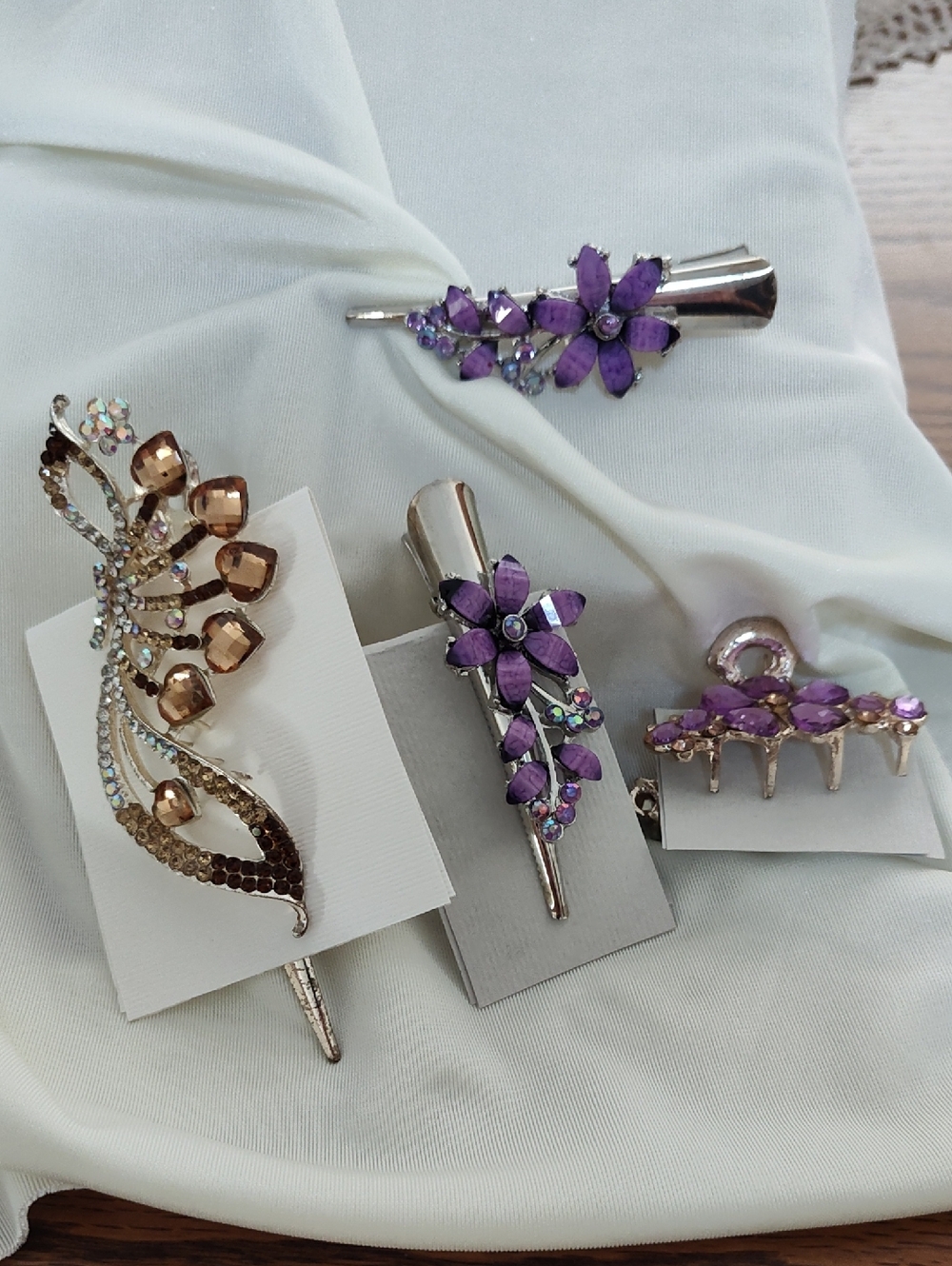 Source Unknown Purple Floral and Gold Crystal Hair Clip Set - Women Accessories